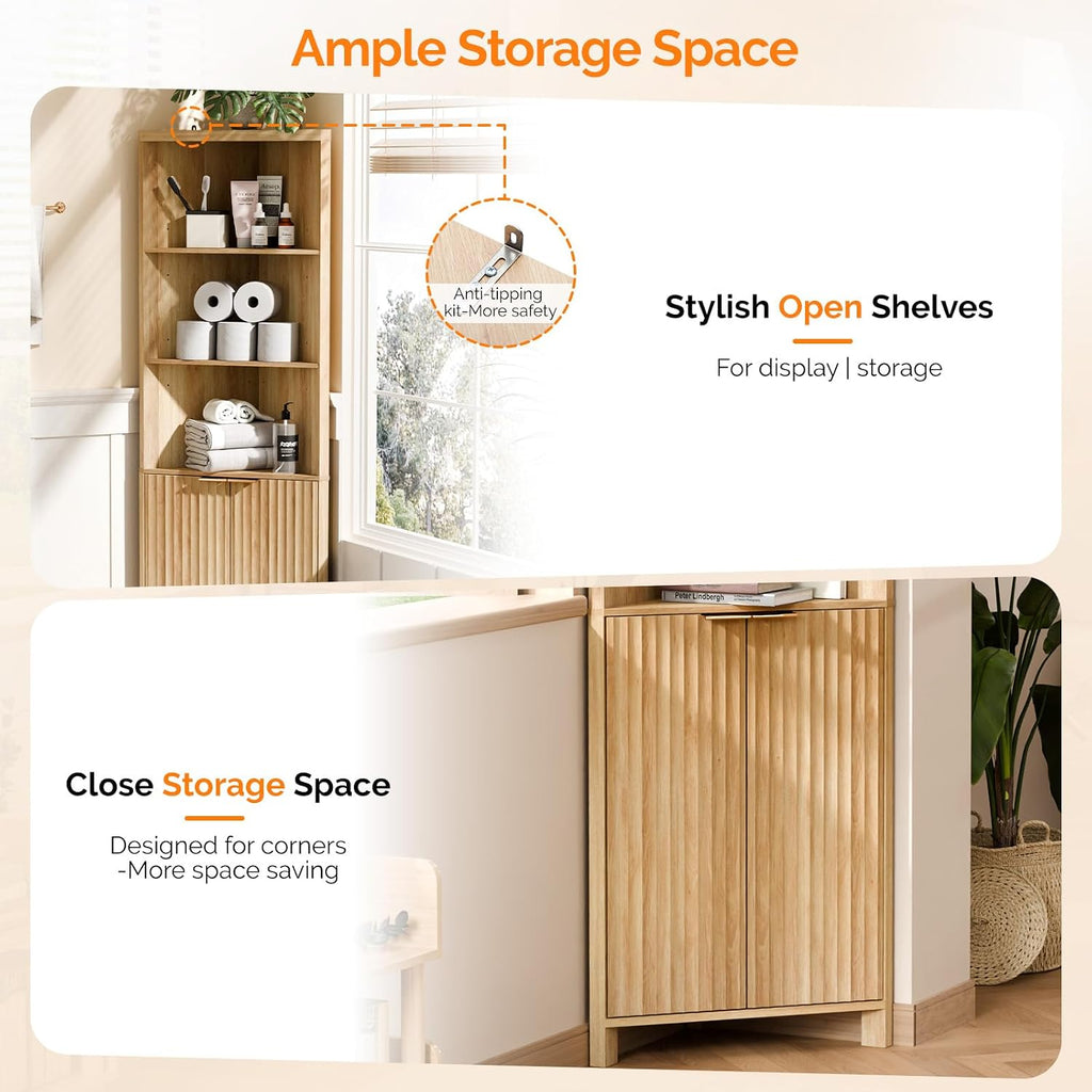 VINGLI 68' Tall Corner Cabinet with Fluted Doors,Corner Bathroom Storage Cabinet Pantry Hutch Display Shelves Adjustable for Kitchen, Living Room Modern Space Saver Shelf Bathroom Furniture,Oak