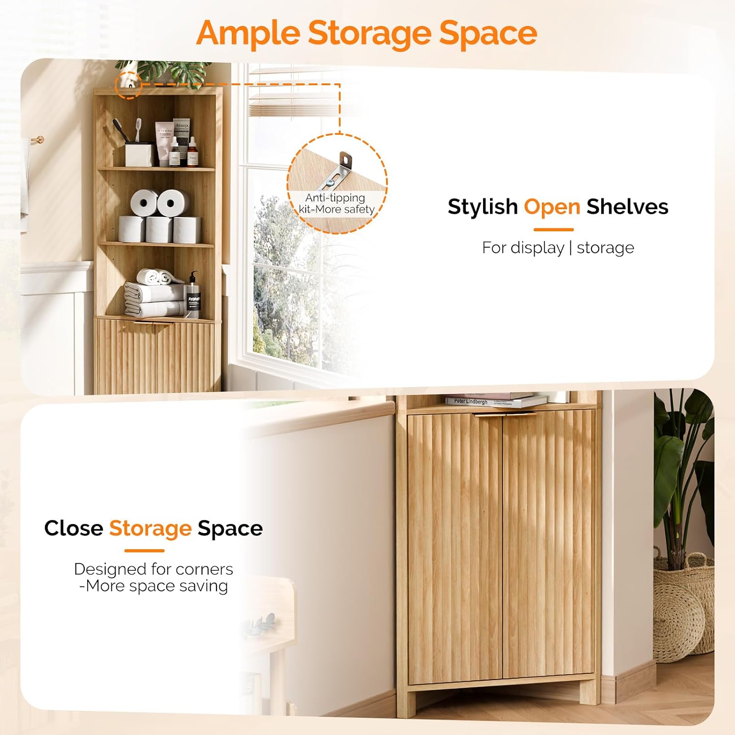 VINGLI 68' Tall Corner Cabinet with Fluted Doors,Corner Bathroom Storage Cabinet Pantry Hutch Display Shelves Adjustable for Kitchen, Living Room Modern Space Saver Shelf Bathroom Furniture,Oak