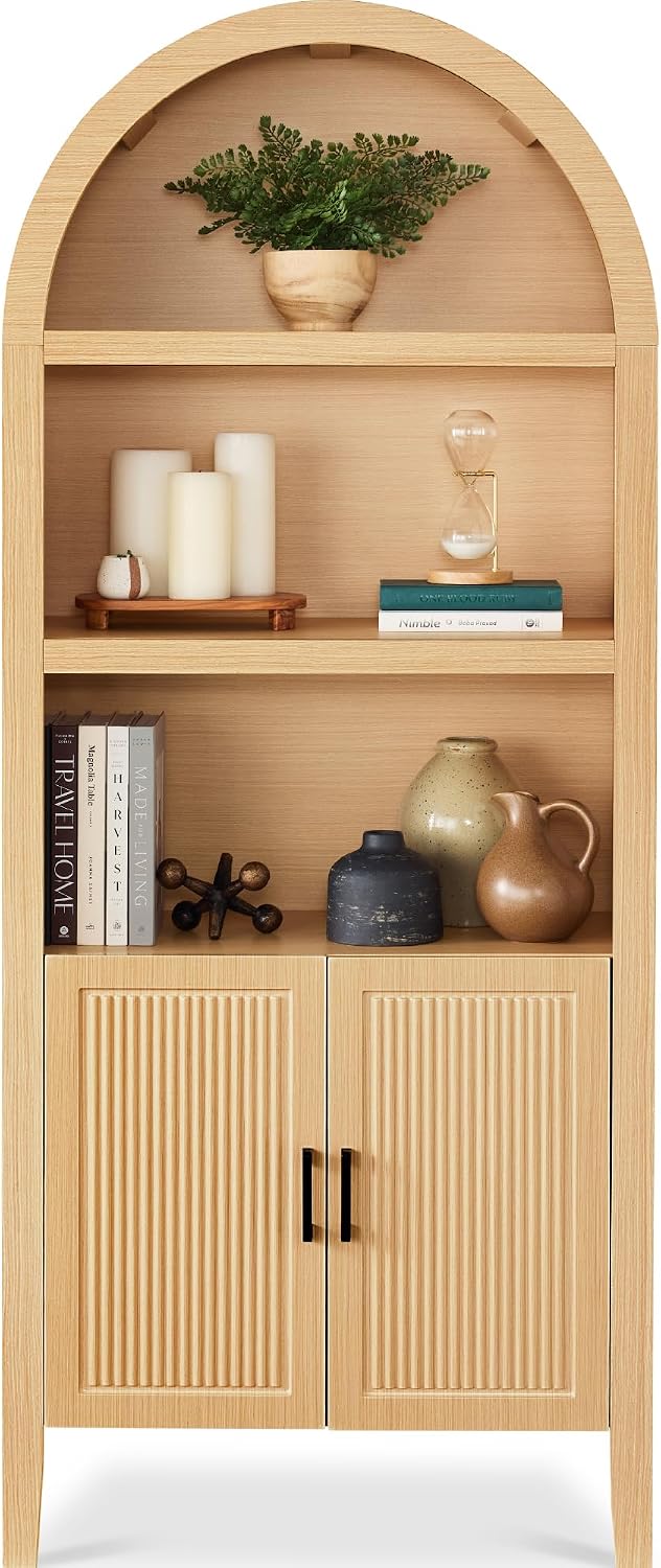 Best Choice Products 72' Tall Arched Pantry Cabinet w/Reeded Doors, 5-Tier Bookshelf, Armoire, Hutch, Bookcase, Storage Cabinet w/Adjustable Shelves, for Dining Room and Livingroom - Natural Oak