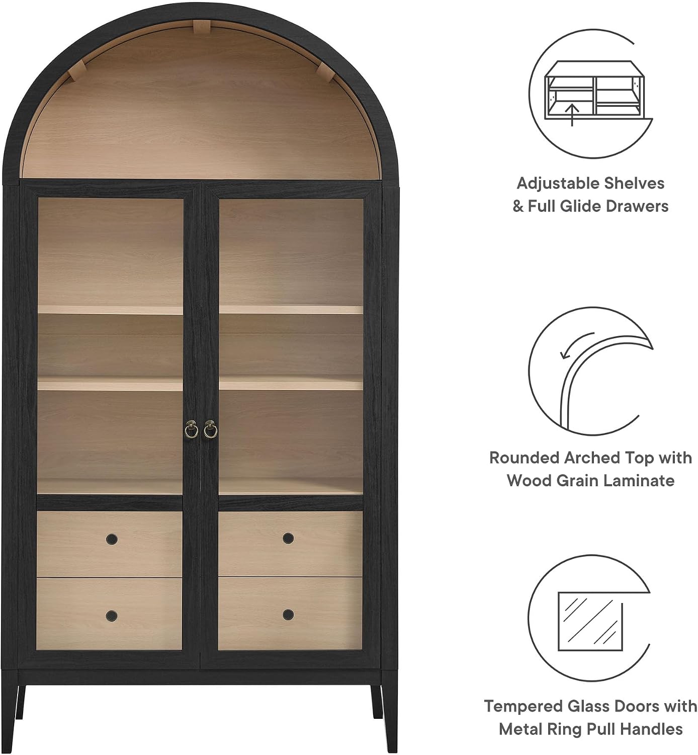 Modway Nolan Tall Arched Storage Display Cabinet in Black Oak - 74 Inch Arch Bookshelf with Glass Doors, Shelves and Drawers - Modern Accent Cabinet for Living Room, Dining Room