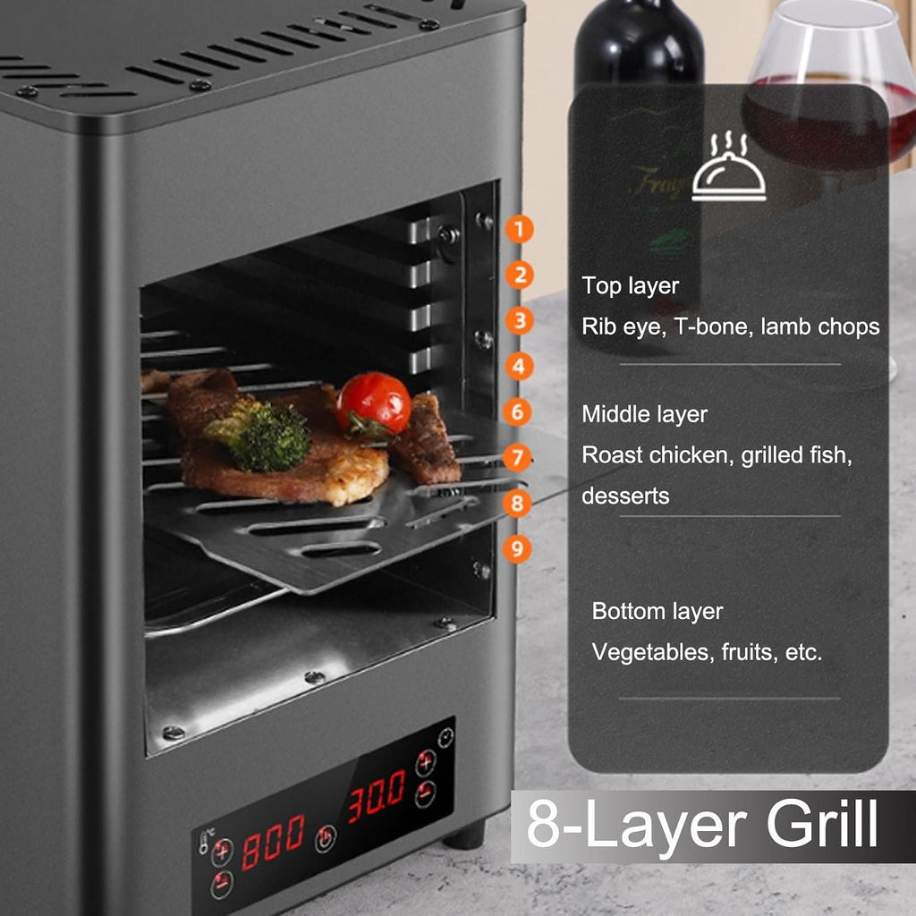 1700w Electric Steak Broiler -8-Layer Grill,Portable Table Top Steak Searer,Stainless Steel Small Camping Oven Steak Cooker Machine-Touch Button/800℃ High Temperature,A
