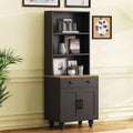 JOSHEN 63' Farmhouse Wood Grain & Solid Gourd Legs Showcase Cabinet, Display Case with Adjustable Shelves, Lego Display Shelves with Anti-Tip Kit & Drawer for Living Room, Kitchen, Black+Natural