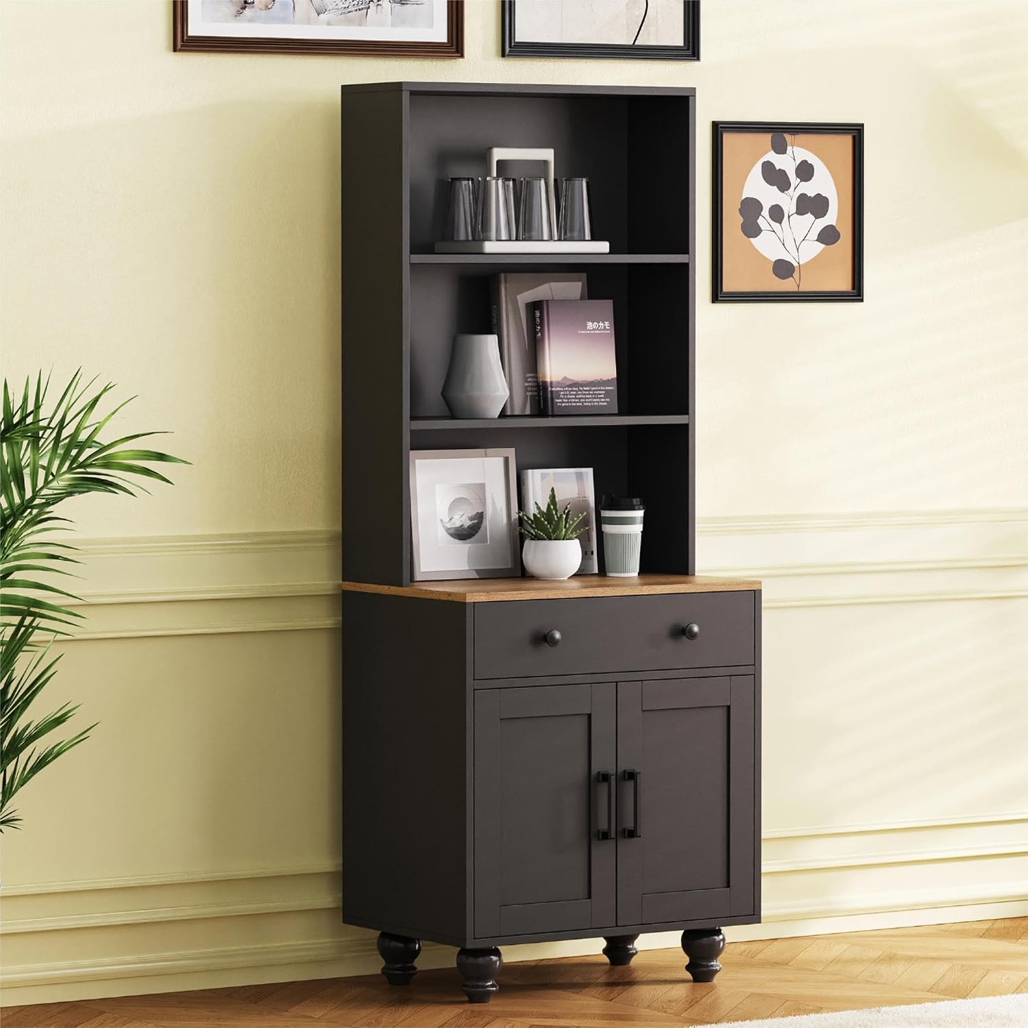 JOSHEN 63' Farmhouse Wood Grain & Solid Gourd Legs Showcase Cabinet, Display Case with Adjustable Shelves, Lego Display Shelves with Anti-Tip Kit & Drawer for Living Room, Kitchen, Black+Natural