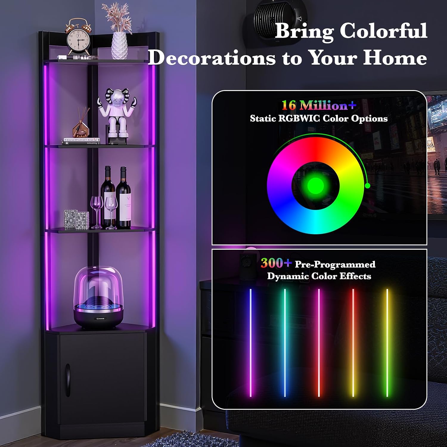5-Tier Display Cabinet, Set of 2, 65' Tall Corner Shelf Stand with Storage, RGBWIC LED Light, Remote & APP Control, Adjustable Brightness/Color Temp, Floor Lamp Shelves for Living Room