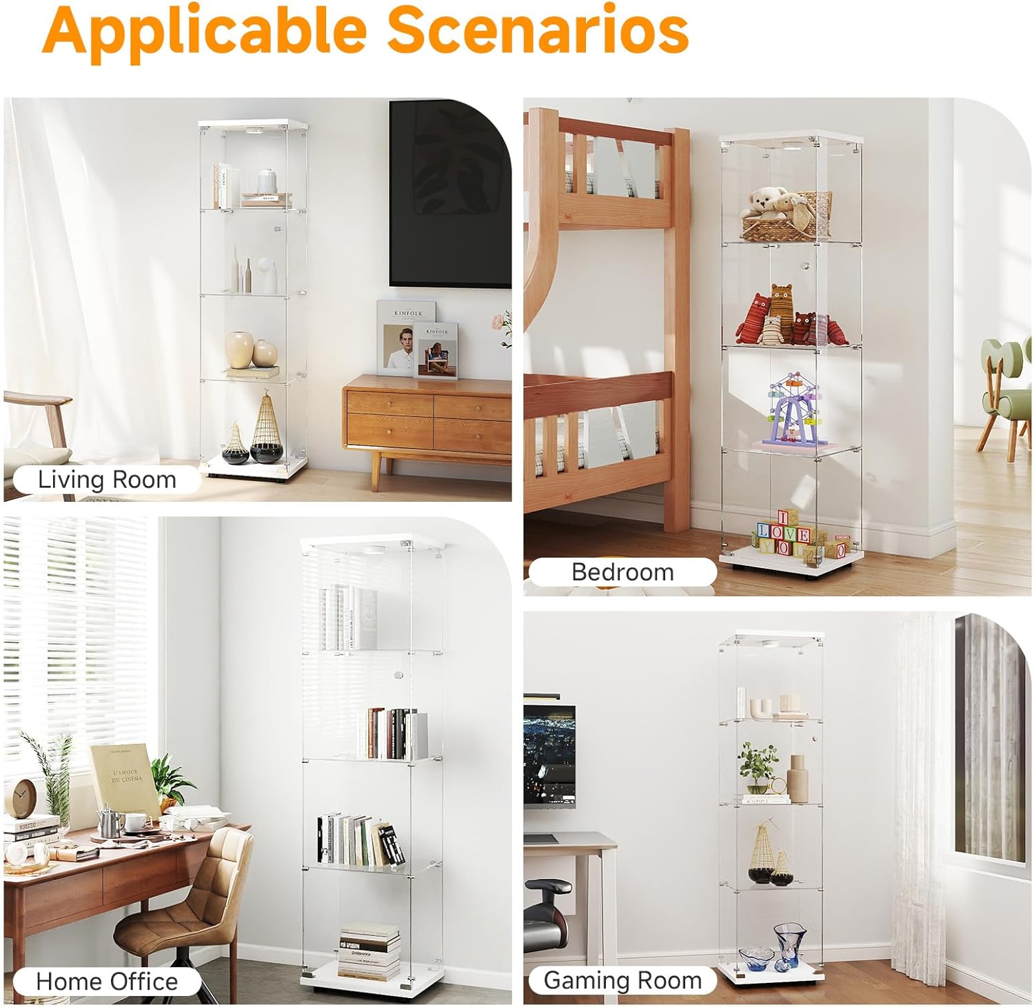 Zevemomo Tempered Glass Display Cabinet with Lights, 4-Tier Curio Cabinet with Glass Doors and Lock, Glass Display Case for Collectibles, for Living Room, Bedroom, Office, White, Single Door