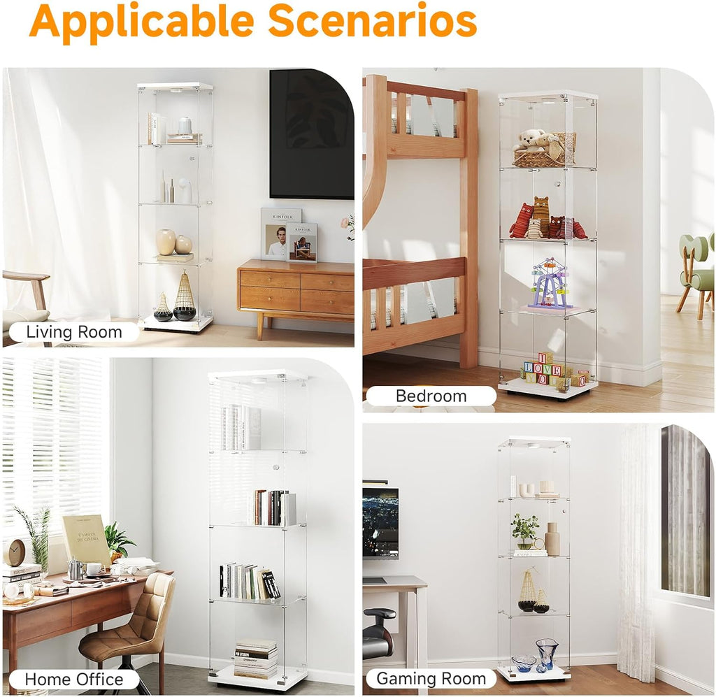 Zevemomo Tempered Glass Display Cabinet with Lights, 4-Tier Curio Cabinet with Glass Doors and Lock, Glass Display Case for Collectibles, for Living Room, Office, Bedroom, Single Door, White