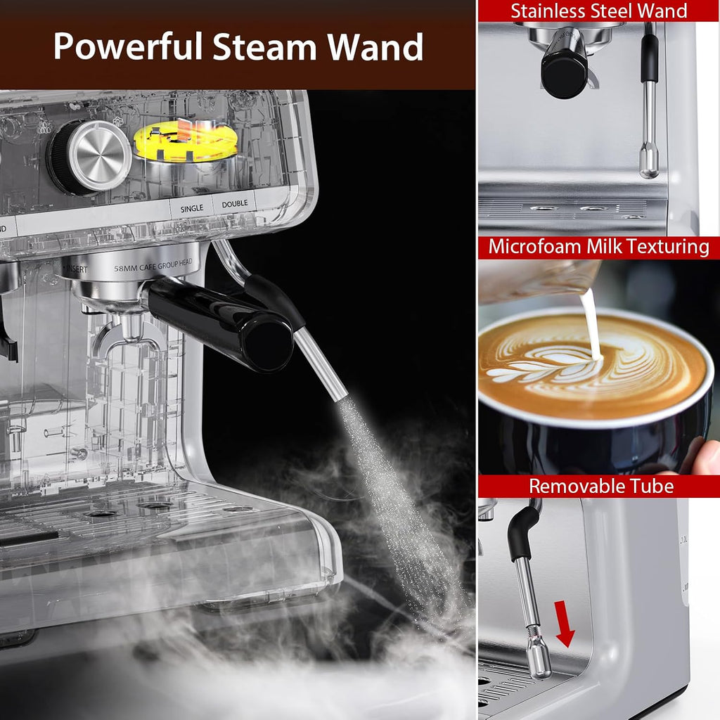 Acekool 20 Bar Espresso Machines with Grinder, Professional Espresso Maker with Removable Water Tank, Milk Frother Steam Wand for Latte&Cappuccino (Silver)