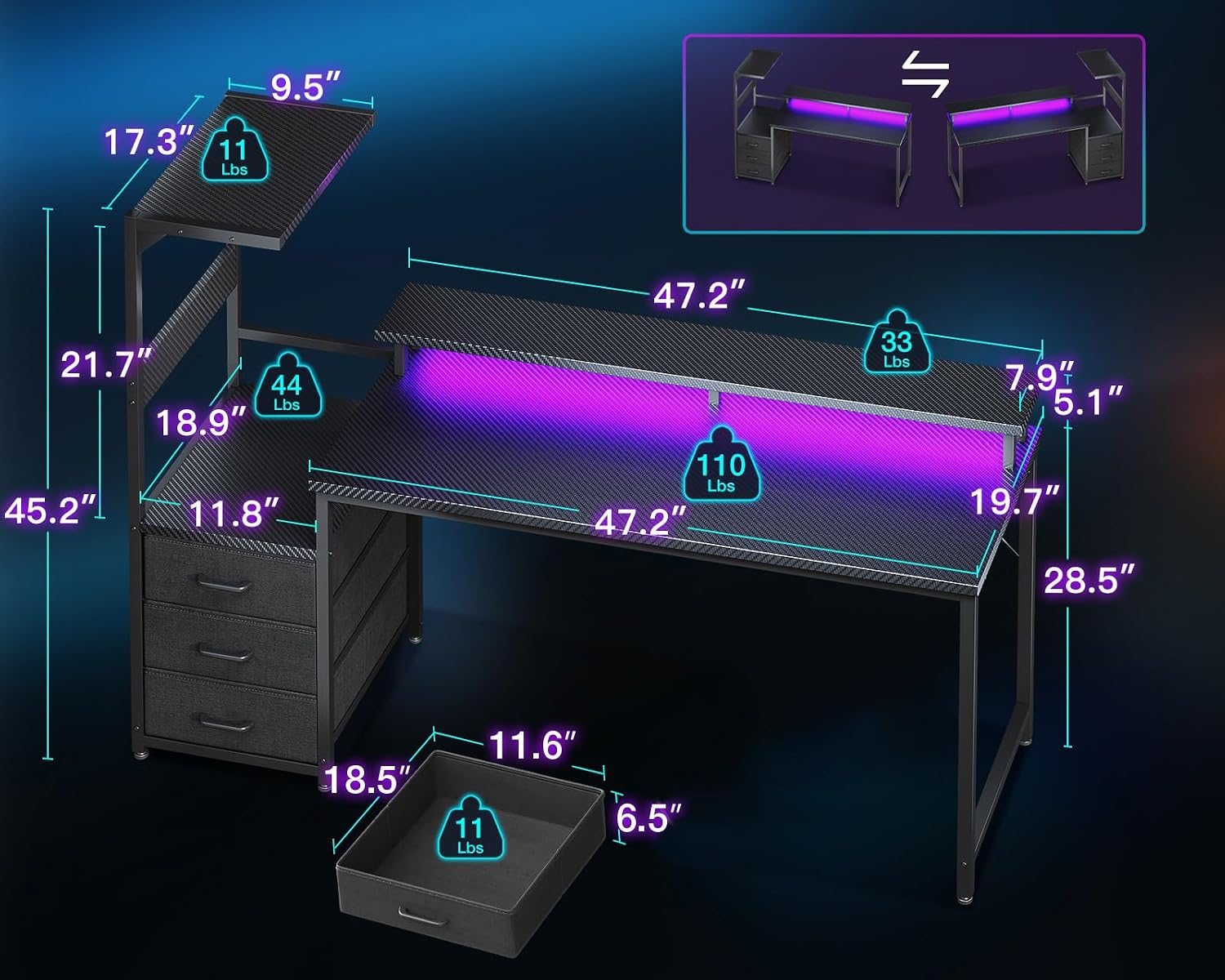 AODK 59 Inch Gaming Desk with LED Light- Reversible Computer Desk with Storage Shelves & Monitor Stand, Modern Gamer Desk Table with Fabric Drawers, Black
