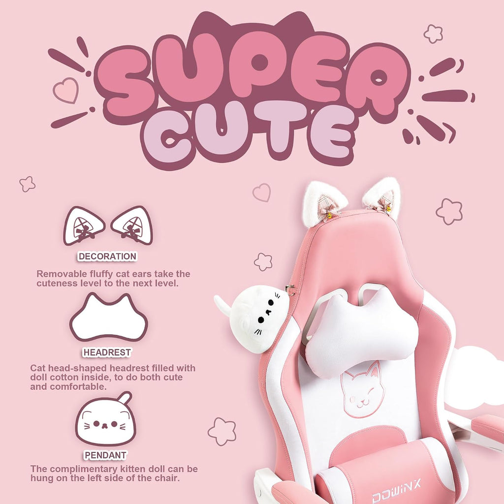 Dowinx Gaming Chair Cute with Cat Ears and Massage Lumbar Support, Ergonomic Computer Chair for Girl with Footrest and Headrest, Comfortable Reclining Game Chair 290lbs for Adult, Teen, Pink