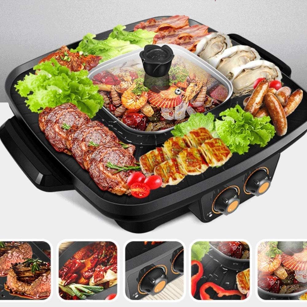 Barbecue Grill Grilled hot Pot with one Pot -Electric Grill Indoor Hot Pot Multifunctional, Indoor Teppanyaki Grill/Pot with Divider - Separate Dual Temperature