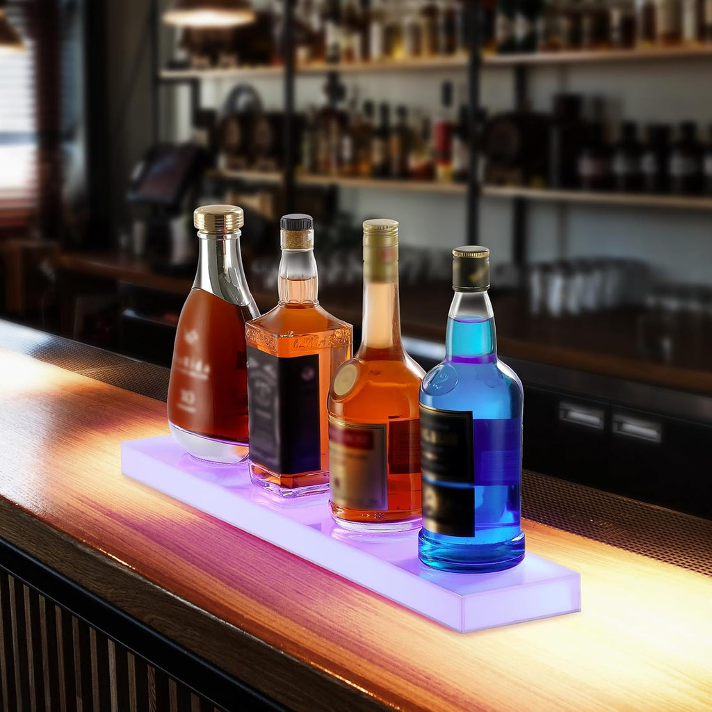 VEVOR LED Lighted Liquor Bottle Display, 1 Tier 24 Inch Wall Mounted Whiskey Rack Stand, 1 Step Commercial Illuminated Home Bar Shelf, Acrylic Drinks Light Shelves with RF Remote & App Control