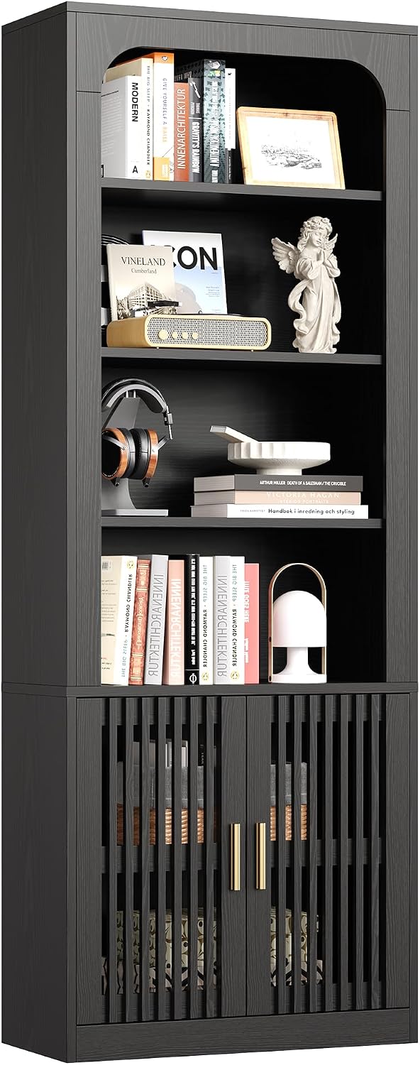 IRONCK Mid-Century Book Shelf, 6-Tier Floor Standing Bookcase with Grille Doors, Tall Storage Shelves for Display & Organizing, Suitable for Home Office, Living Room(Black)