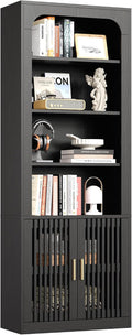 IRONCK Mid-Century Book Shelf, 6-Tier Floor Standing Bookcase with Grille Doors, Tall Storage Shelves for Display & Organizing, Suitable for Home Office, Living Room(Black)
