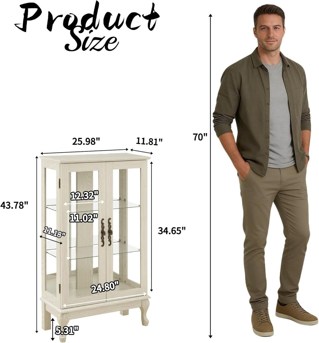 43'H Lighted Display Curio Cabinet, 3-Tier Glass Accent Storage Cabinet Curio Showcase w/ 2 Doors & Adjustable Shelves, Wine Artwork Storage Rack w/ Mirrored Back Panel for Living Room (White)