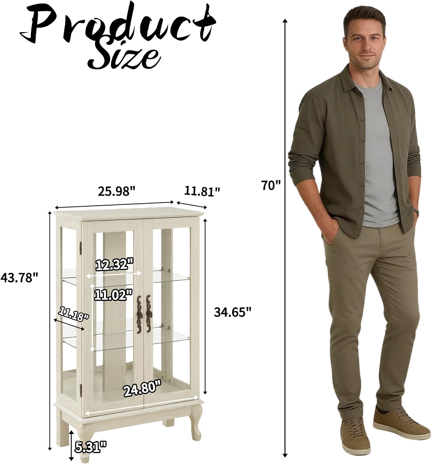 43'H Lighted Display Curio Cabinet, 3-Tier Glass Accent Storage Cabinet Curio Showcase w/ 2 Doors & Adjustable Shelves, Wine Artwork Storage Rack w/ Mirrored Back Panel for Living Room (White)