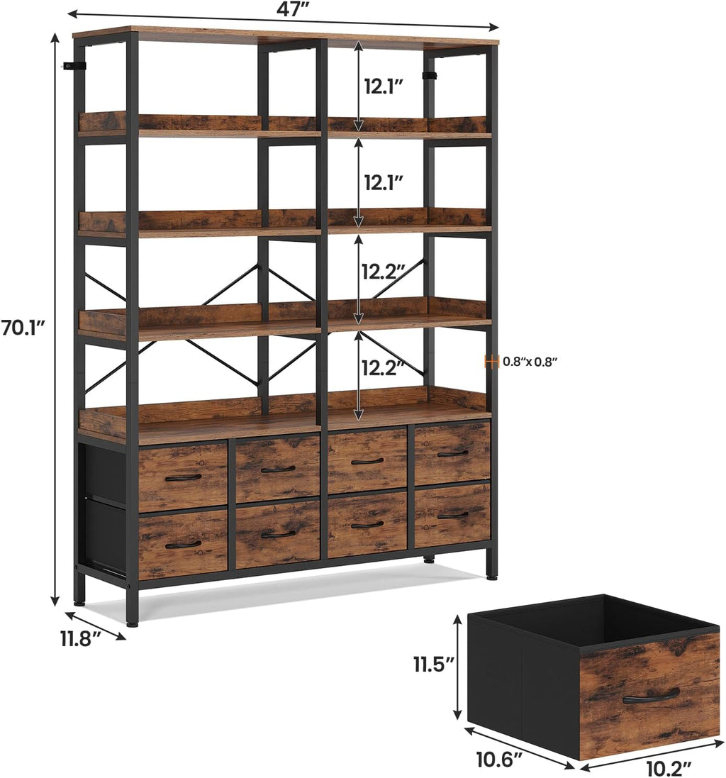 HAUOMS Bookshelf with 8 Fabric Drawers, 7-Tier Bookcase with Baffles Display Shelves, Industrial Large Book Shelf for Living Room Home Office, Rustic Brown