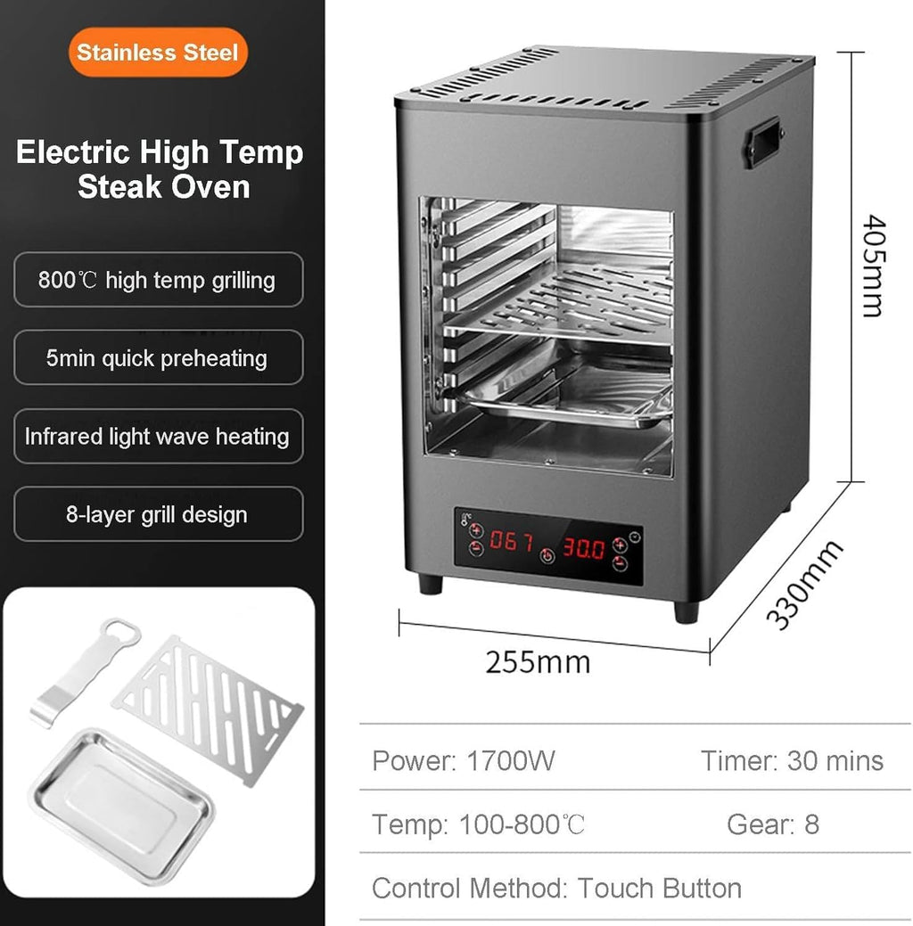 1700W Smokeless Electric Steak Broiler, Portable Indoor BBQ Grill with Timer & Temp Controller, Stainless Steel Steak Cooking Machine for Meat Burger Pizza (1 Grill+1 Tray+1 Clip),B