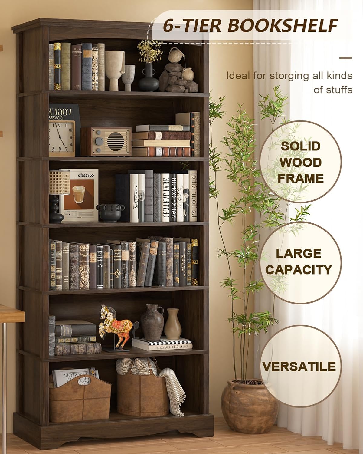 TVU 6-Tier Wooden Bookshelf, 76 Inch Tall Bookshelf with Storage, Floor Standing Modern Style Display Bookcase for Living Room, Office, Study Room, Entryway, Brown