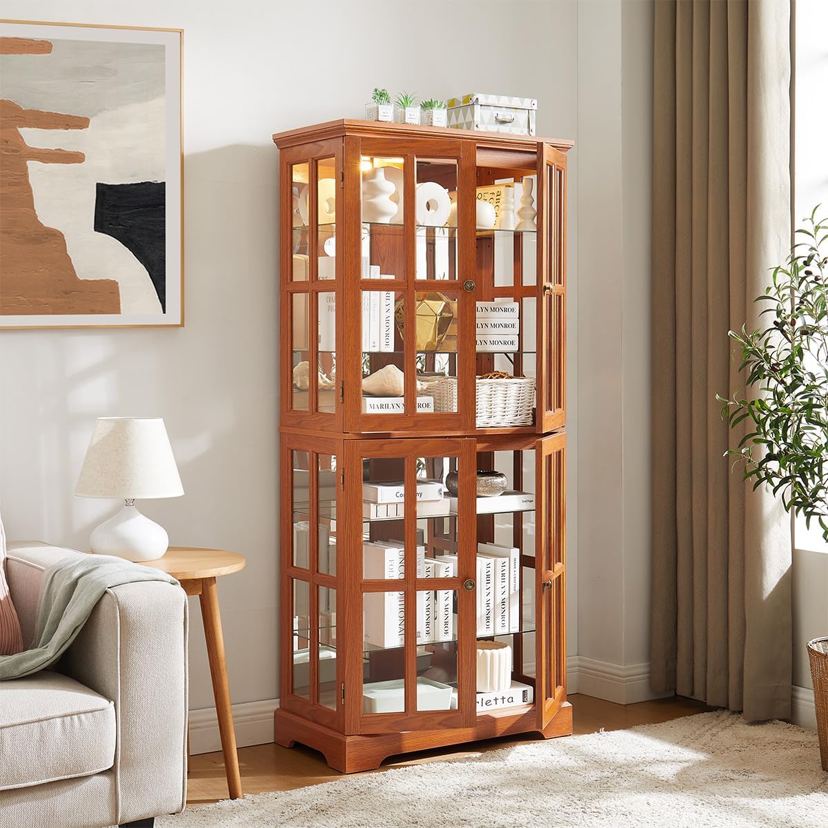 Lighted Glass Curio Cabinet with Lights & Adjustable Shelves,Curio Display Cabinet with Wood Frame & Glass Door,Corner Antique Display Case for Kitchen,Living Room,Office