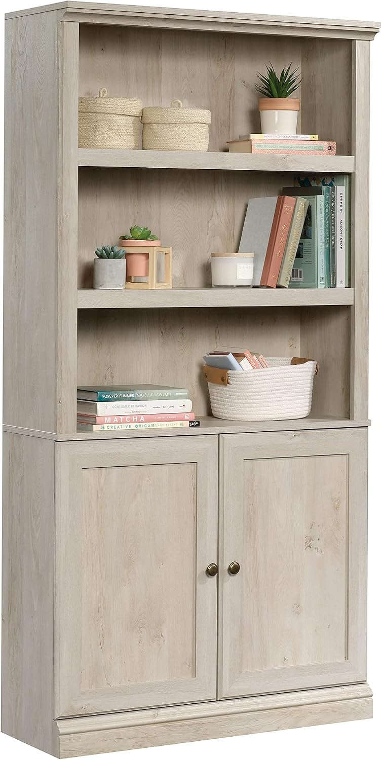 Sauder Miscellaneous Storage Bookcase with Doors, Adjustable Shelves, 5 Shelf Bookcase - Chalked Chestnut Finish