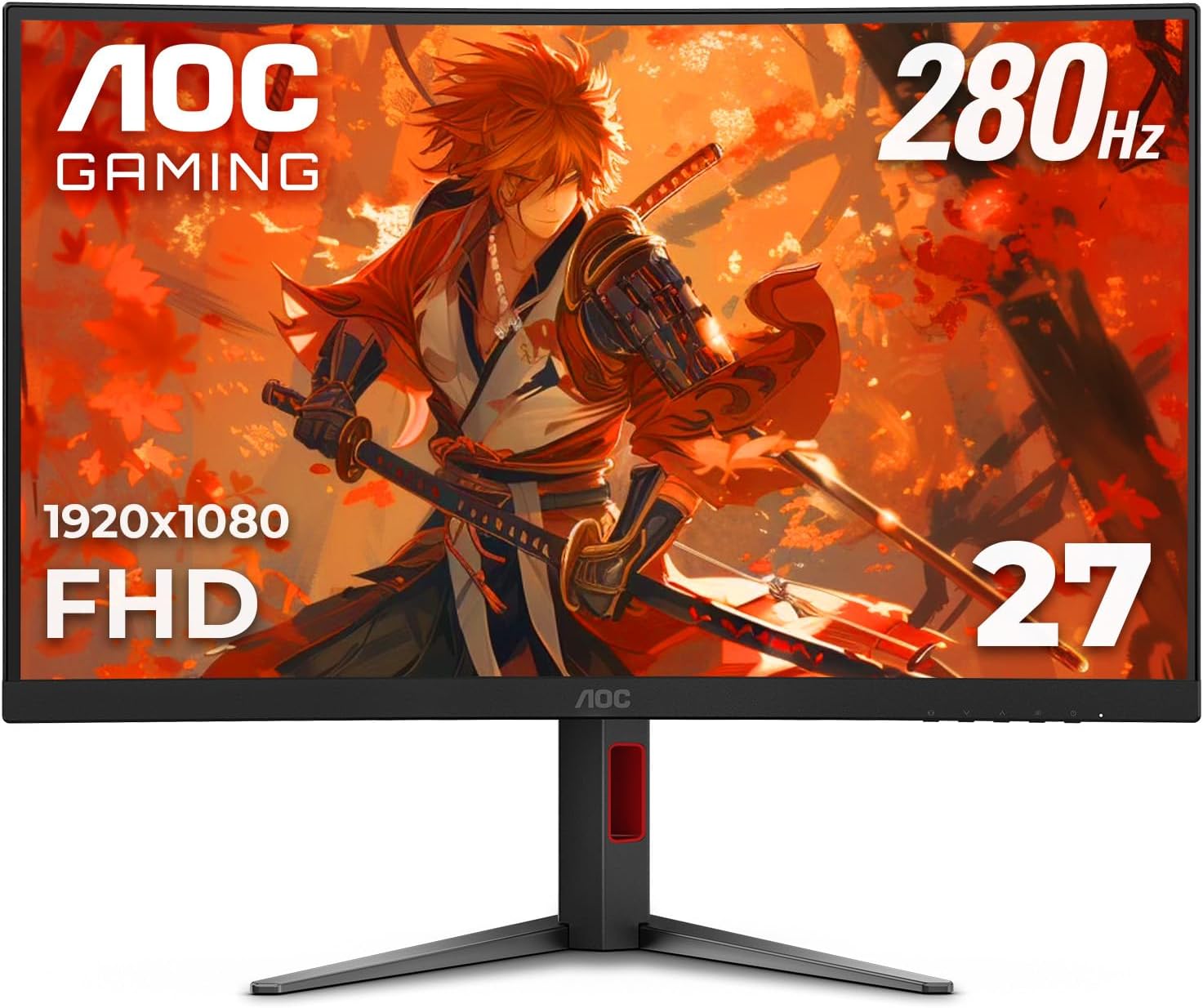 AOC 27' Curved Gaming Monitor, FHD 1080p, 280Hz (DP) 240Hz (HDMI), 0.3ms MPRT, VA Panel 1500R, AMD FreeSync Premium, HDR Ready, Height Adjustable, DisplayPort HDMI C27G4ZH