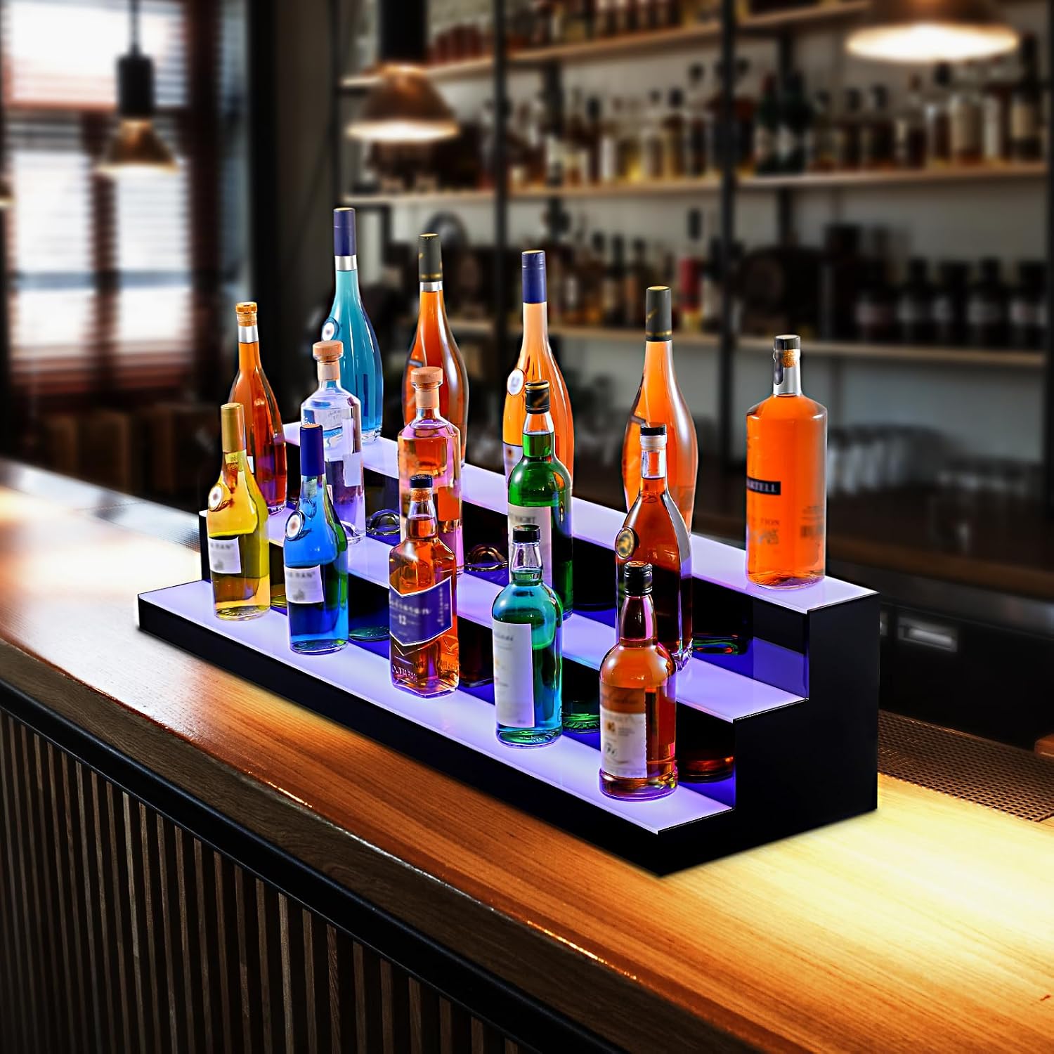 VEVOR LED Lighted Liquor Bottle Display, 3 Tiers 48 Inch Commercial Illuminated Home Bar Shelf, 3 Steps Whiskey Rack Stand, Acrylic Drink Shelves with RF Remote & App Control, and Multicolor Light