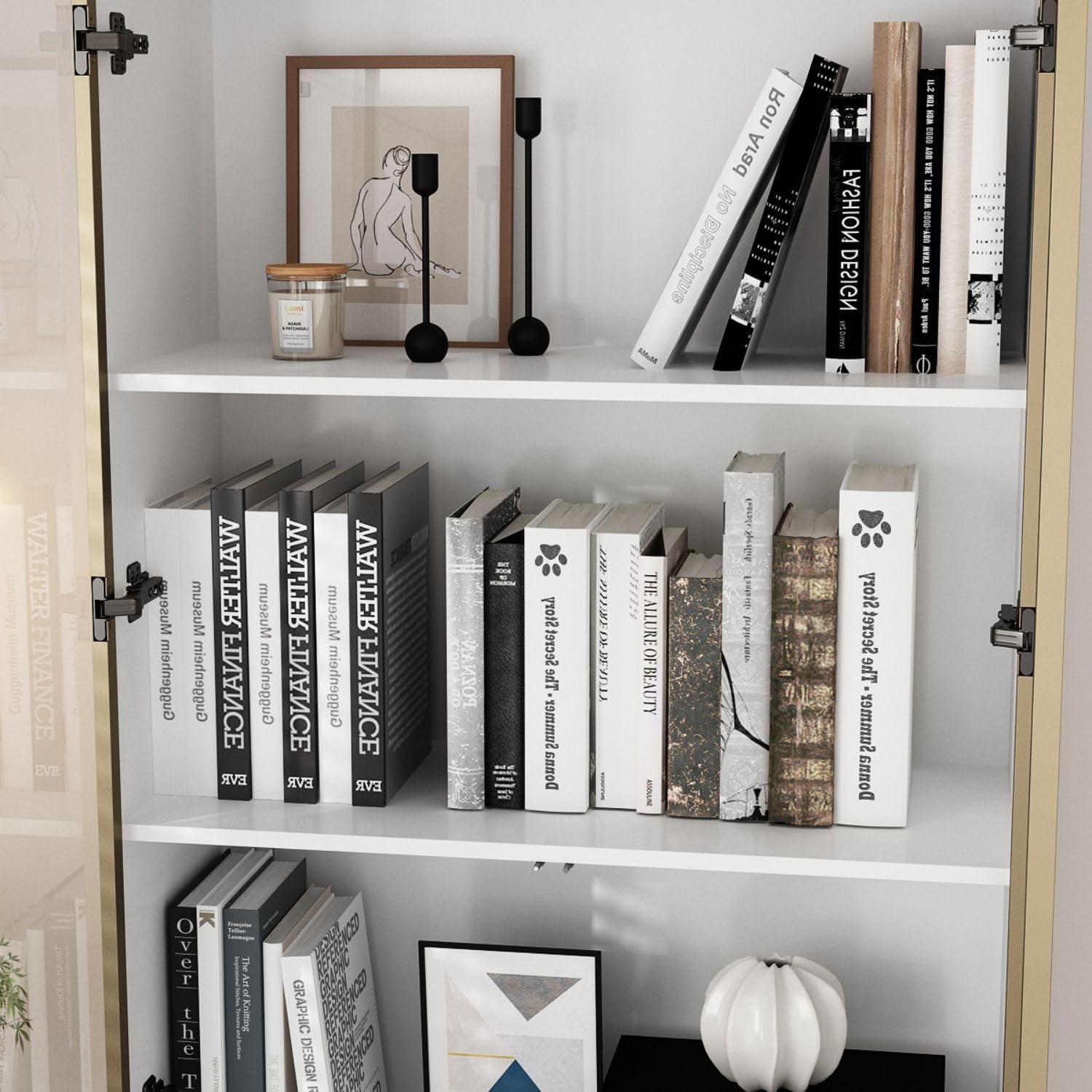 Display Cabinet with 4 Glass Doors and Lights, 5-Tier Shelves & Pop-up Design, Display Cabinet for Collectibles, Display Case White and Champagne Gold (31.5'W x 14.2'D x 78.7'H)