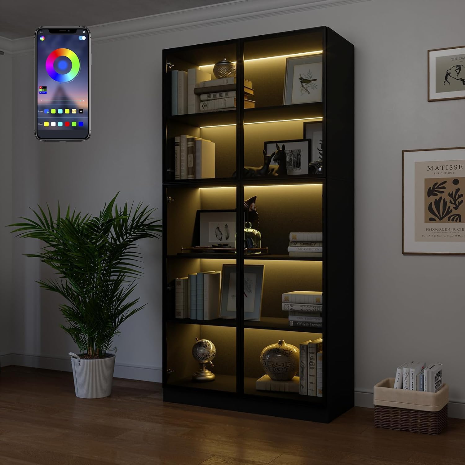 Bobve 78.7' Display Cabinet with 4 Glass Doors, 5 -Tier Storage Cabinet with APP Control LED Lights, Tall Black Bookcase with Storage, Wooden Display Case for Collectible, Living Room, Office(Black)