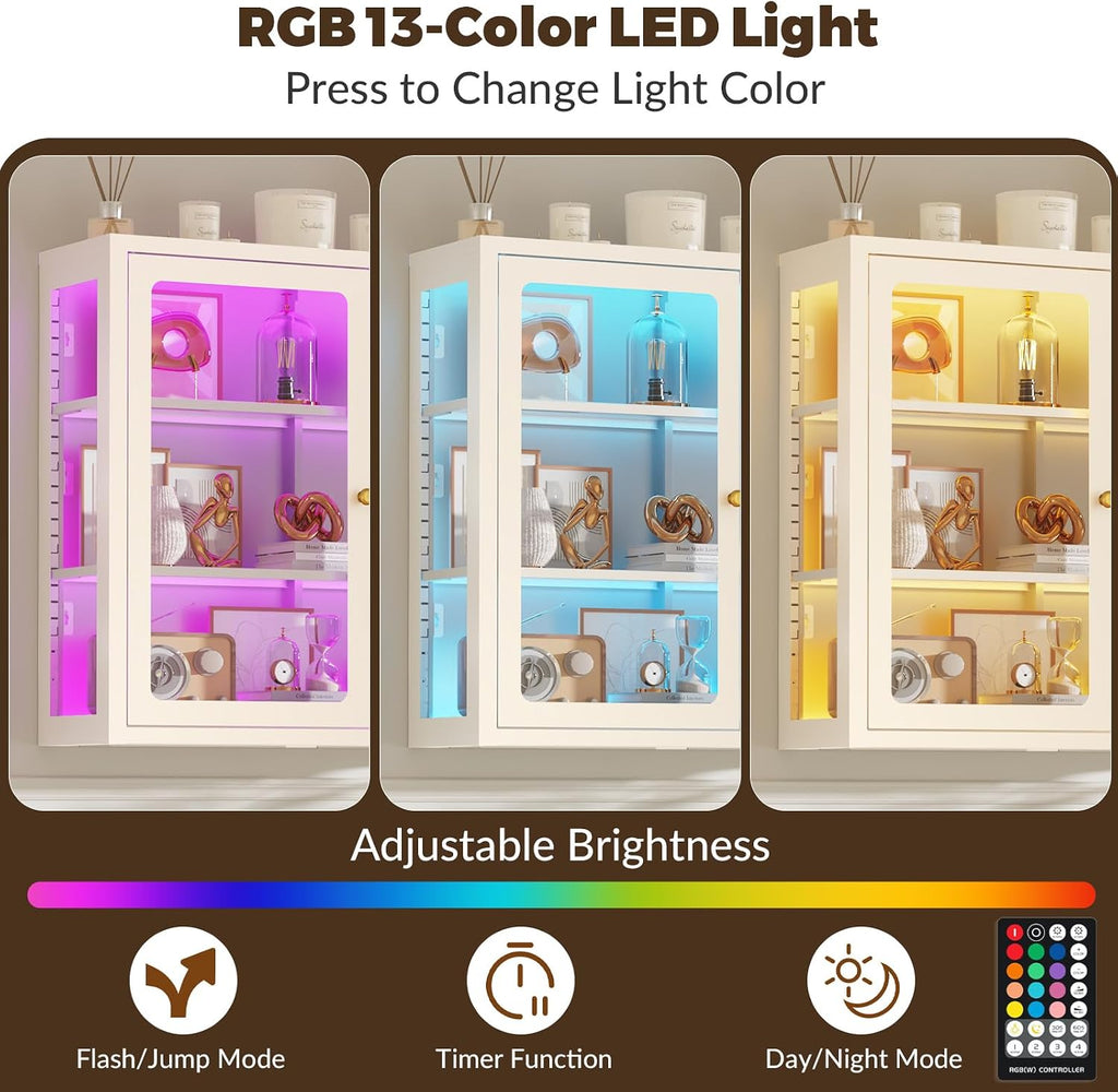 Bathroom Wall Cabinet with 13-Color Light, Wall Mounted 3-Sided Glass Display Cabinet with Adjustable Shelves, Floating Metal Medicine Storage Cabinet for Kitchen Living Room - White