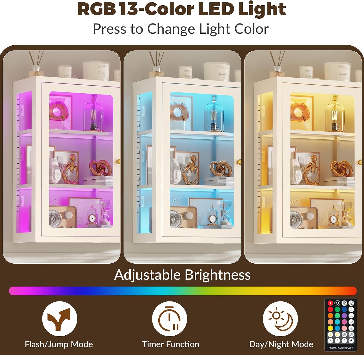 Bathroom Wall Cabinet with 13-Color Light, Wall Mounted 3-Sided Glass Display Cabinet with Adjustable Shelves, Floating Metal Medicine Storage Cabinet for Kitchen Living Room - White