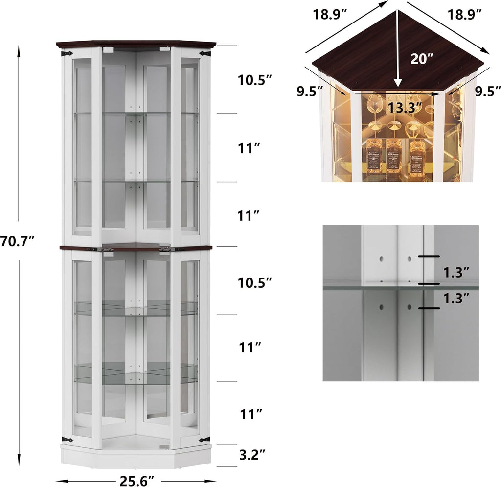 PAKASEPT 71'' Farmhouse Display Curio Cabinet with LED Lights,Tempered Glass Doors,6 Shelves,Floor Standing Display Cage Corner Wine Cabinet Storage Rack for Bar and Liquor Storage,White