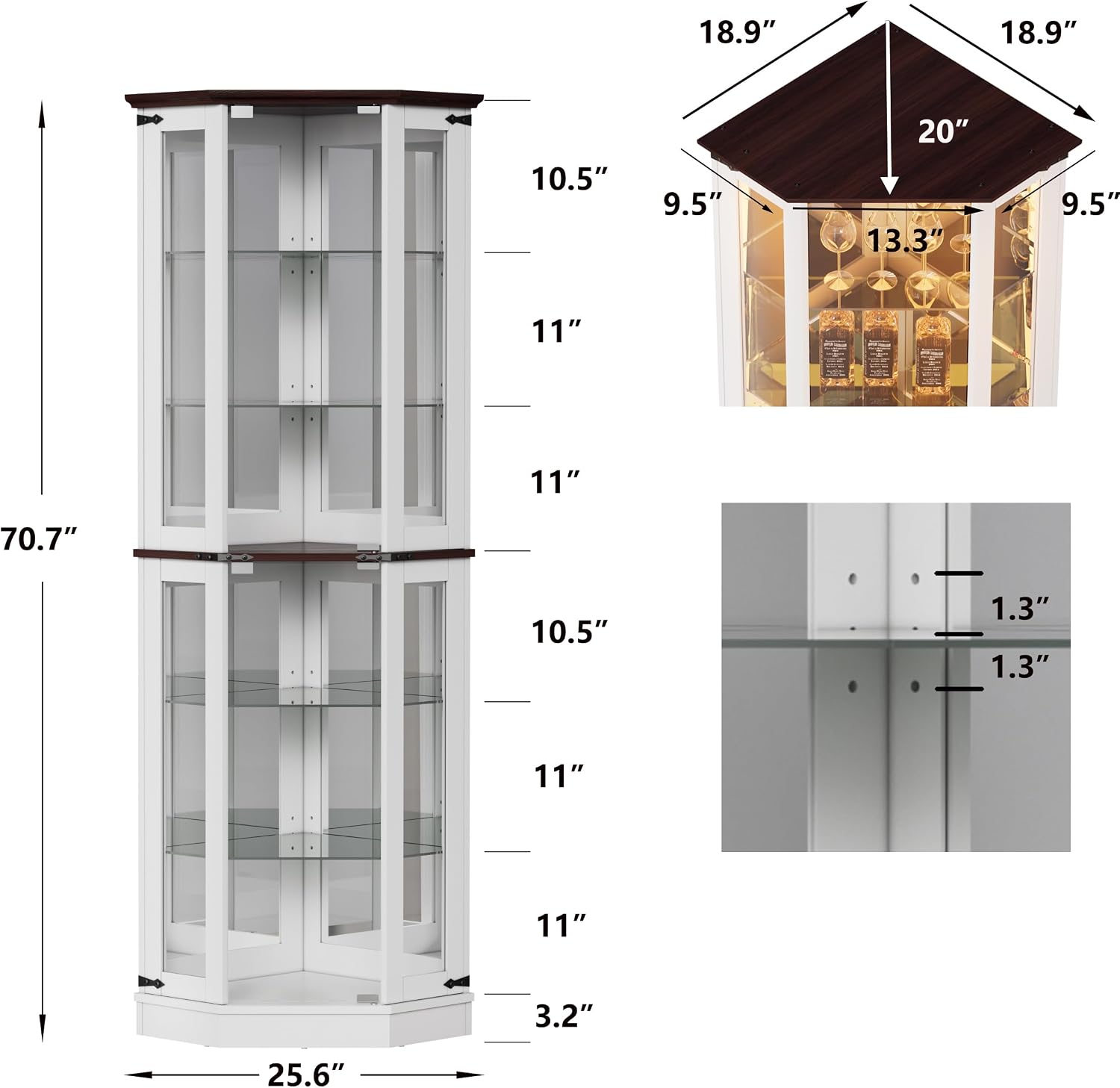 PAKASEPT 71'' Farmhouse Display Curio Cabinet with LED Lights,Tempered Glass Doors,6 Shelves,Floor Standing Display Cage Corner Wine Cabinet Storage Rack for Bar and Liquor Storage,White