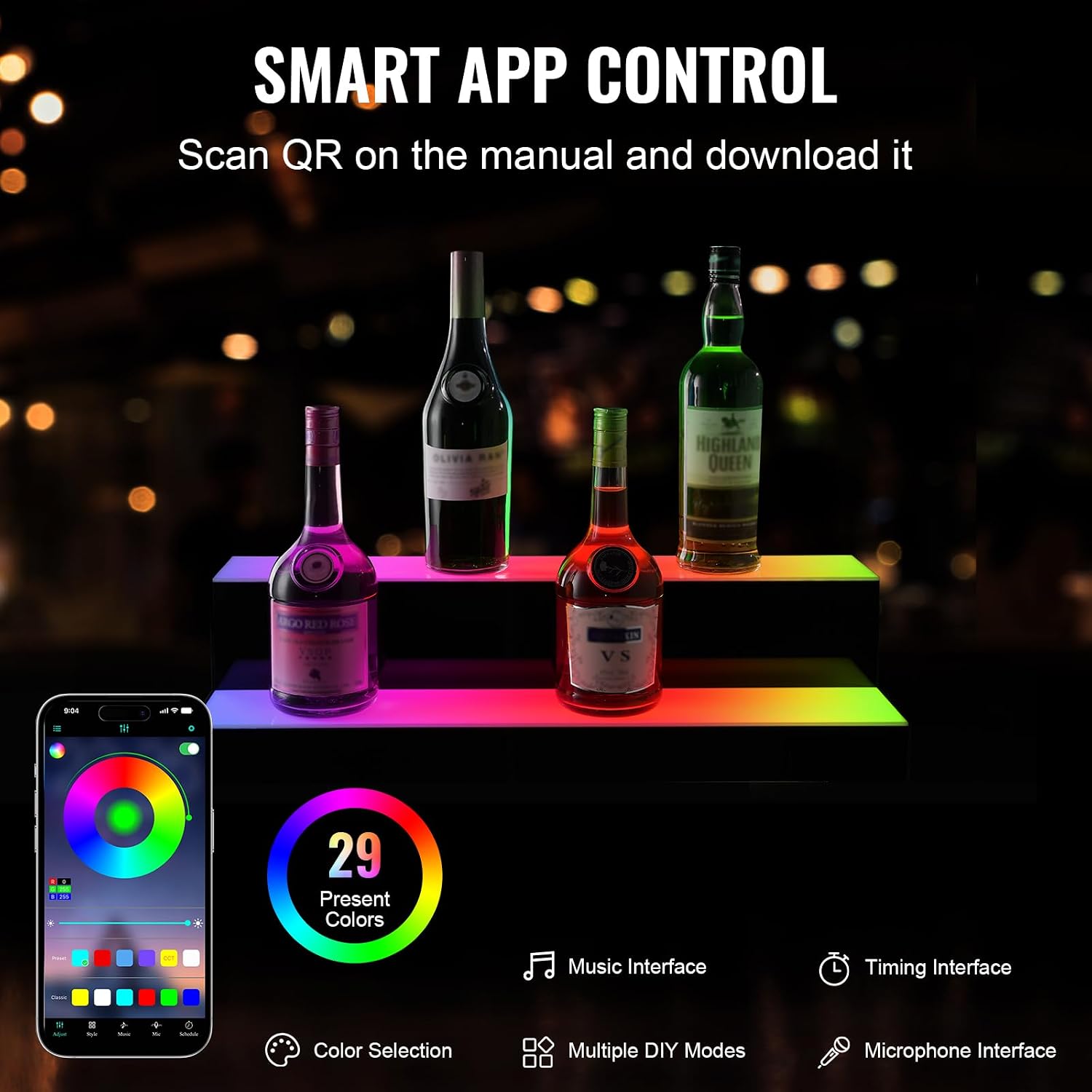 VEVOR LED Lighted Liquor Bottle Display, 2 Tiers 24 Inch Commercial Illuminated Home Bar Shelf, 2 Steps Whiskey Rack Stand, Acrylic Drink Shelves with RF Remote & App Control, and Multicolor Light