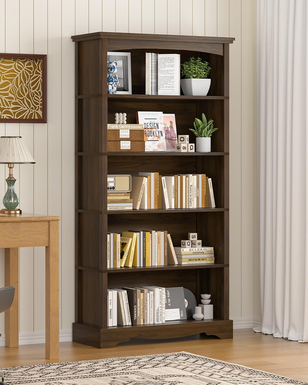 TVU 5-Tier Wooden Bookshelf, 31.5' W x 65' H ×9.9' D Bookshelf with Storage, Floor Standing Modern Style Display Bookcase for Living Room, Office, Study Room, Entryway, Brown