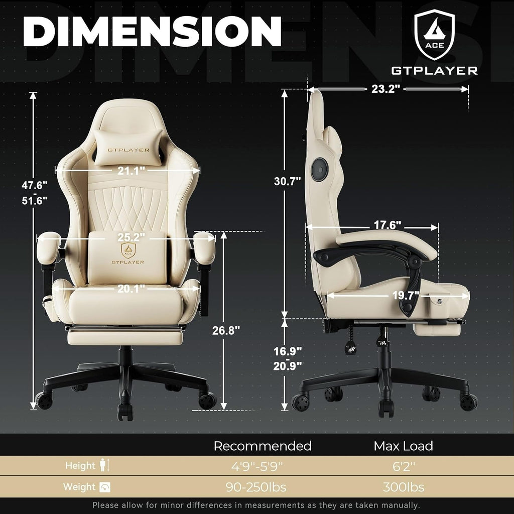 GTPLAYER ACE-PRO Music Gaming Chairs – Built-in Speakers, App Support & Bluetooth Control, Computer Game Chairs with Footrest for Adults, Ergonomic Reclining Silla, Linkage Armrest, Ivory