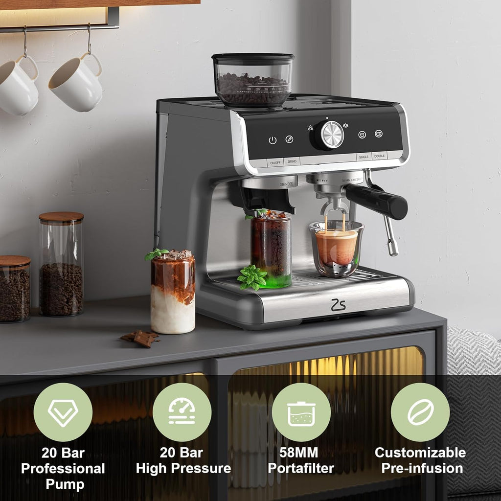 20 Bar Semi-Automatic Espresso Machine with Built-In Coffee Grinder and Milk Frother, Home Barista Coffee Maker for Cappuccino Latte Macchiato, Ideal Gift for Mom and Dad