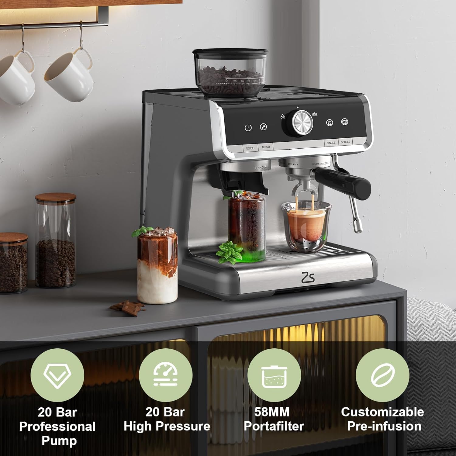 20 Bar Semi-Automatic Espresso Machine with Built-In Coffee Grinder and Milk Frother, Home Barista Coffee Maker for Cappuccino Latte Macchiato, Ideal Gift for Mom and Dad