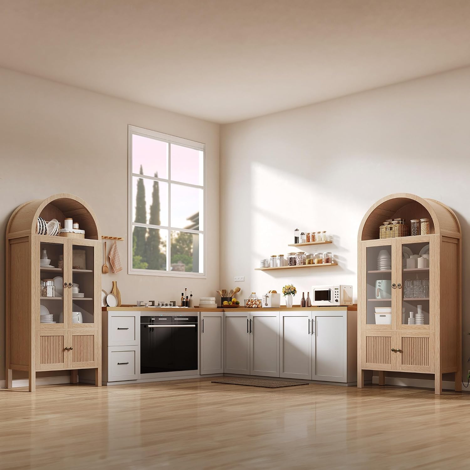 YITAHOME 71' Arched Cabinet Bookshelf Bookcase with LED Light/Wood Display Cabinet with Tempered Glass Doors and Adjustable Shelves/Kitchen Pantry with Storage for Living Room,Dining Room-Nature