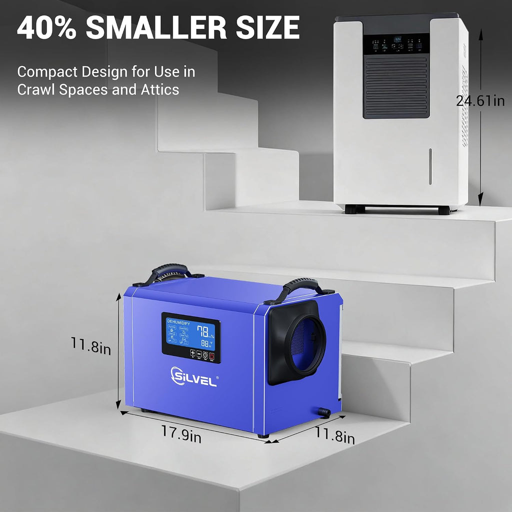 SILVEL 145 Pints Crawl Space Dehumidifier with Drain Hose, Portable Commercial Dehumidifier for Basement and Whole Home, Smart Automatic Defrost, Memory Start, Up to 6000 Sq.Ft, Blue