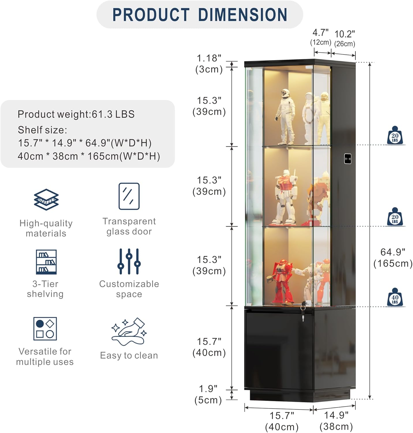 HNEBC Corner Glass Display Cabinet with Lockable&3 Color Lights for Living Room Black, Curio Cabinet with Adjustable Glass Shelf for Liquor Figurine Bookcase for Living Room