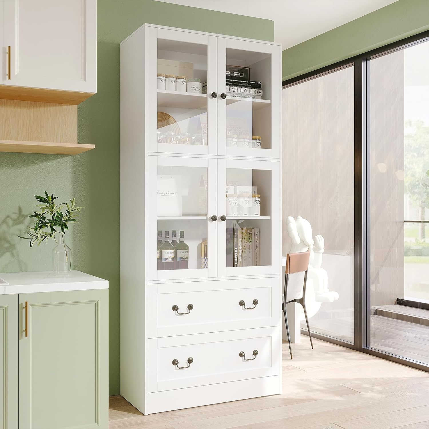 VOWNER 78.7' H Bookcase with Glass Doors, 4-Tier Bookshelves with 2 Drawers, Modern Display Storage Cabinet for Home Office, Living Room, White