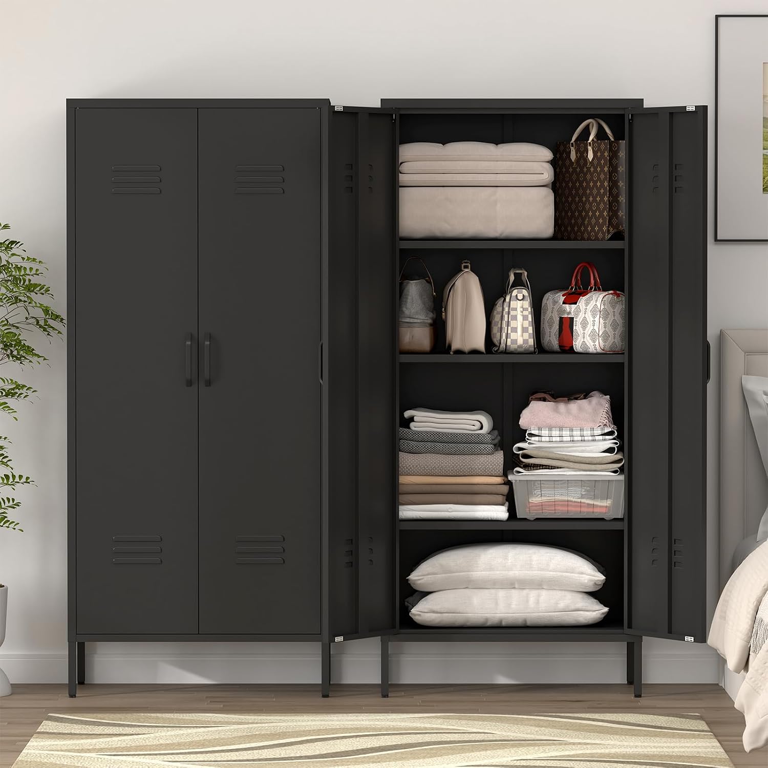 IRONFFICE Storage Cabinet,Metal Cabinets with Doors and Shelves,2 Door Metal Storage Cabinets with Legs,Black Tall Cabinet for Home Office,Utility Room