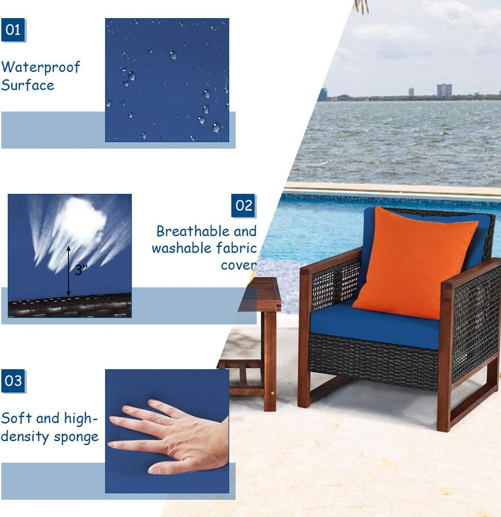 Tangkula 3 Pieces Patio Wicker Furniture Set, Rattan Outdoor Sofa Set w/Washable Cushion & Acacia Wood Coffee Table, Conversation Bistro Set for Garden Balcony Backyard (Blue)