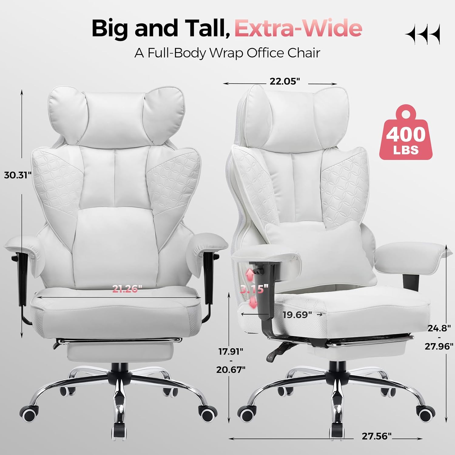 GTPLAYER Big and Tall Gaming Chair 400lbs Heavy Duty Office Chair with Foot Rest & Ergonomic Pocket Spring Lumbar Support, High Back Executive Computer Desk Chair for Lower Back Pain Relief, White