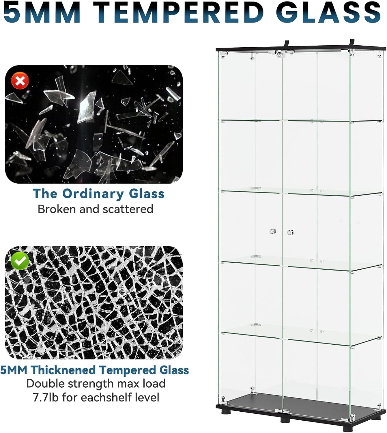 APRILSOUL Glass Display Cabinet 5-Shelf with Double Door, Curio Display Cabinet with 5mm Tempered Glass, Floor Standing Bookshelf for Bedroom, Living Room, 74.5 x 31.7 x 14.3 in, Black