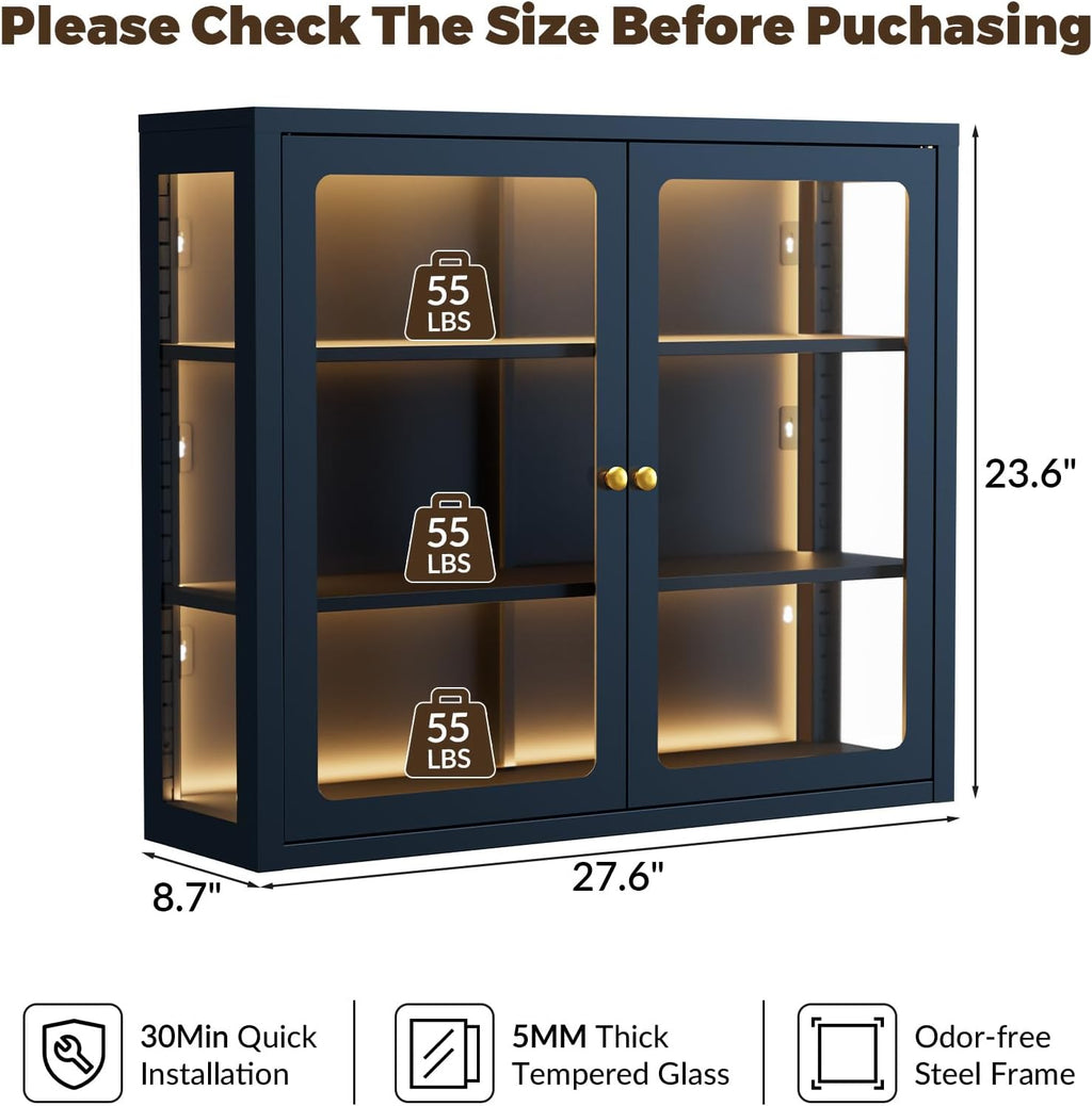 Bathroom Wall Cabinet with 13-Color Light, Wall Mounted 3-Sided Glass Display Cabinet with Adjustable Shelves, Floating Metal Medicine Storage Cabinet for Kitchen Living Room - Blue