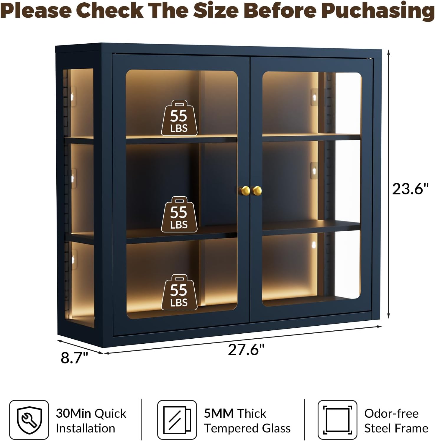 Bathroom Wall Cabinet with 13-Color Light, Wall Mounted 3-Sided Glass Display Cabinet with Adjustable Shelves, Floating Metal Medicine Storage Cabinet for Kitchen Living Room - Blue