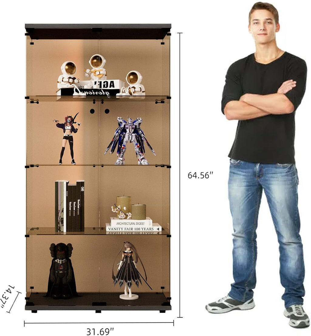 Glass Display Cabinet with Lights and Lock, 4-Tier Display Case Curio Cabinet with Glass Door, Floor Standing Showcase for Living Room Bedroom Home Office 31' W x 14.3' D x 64.5' H