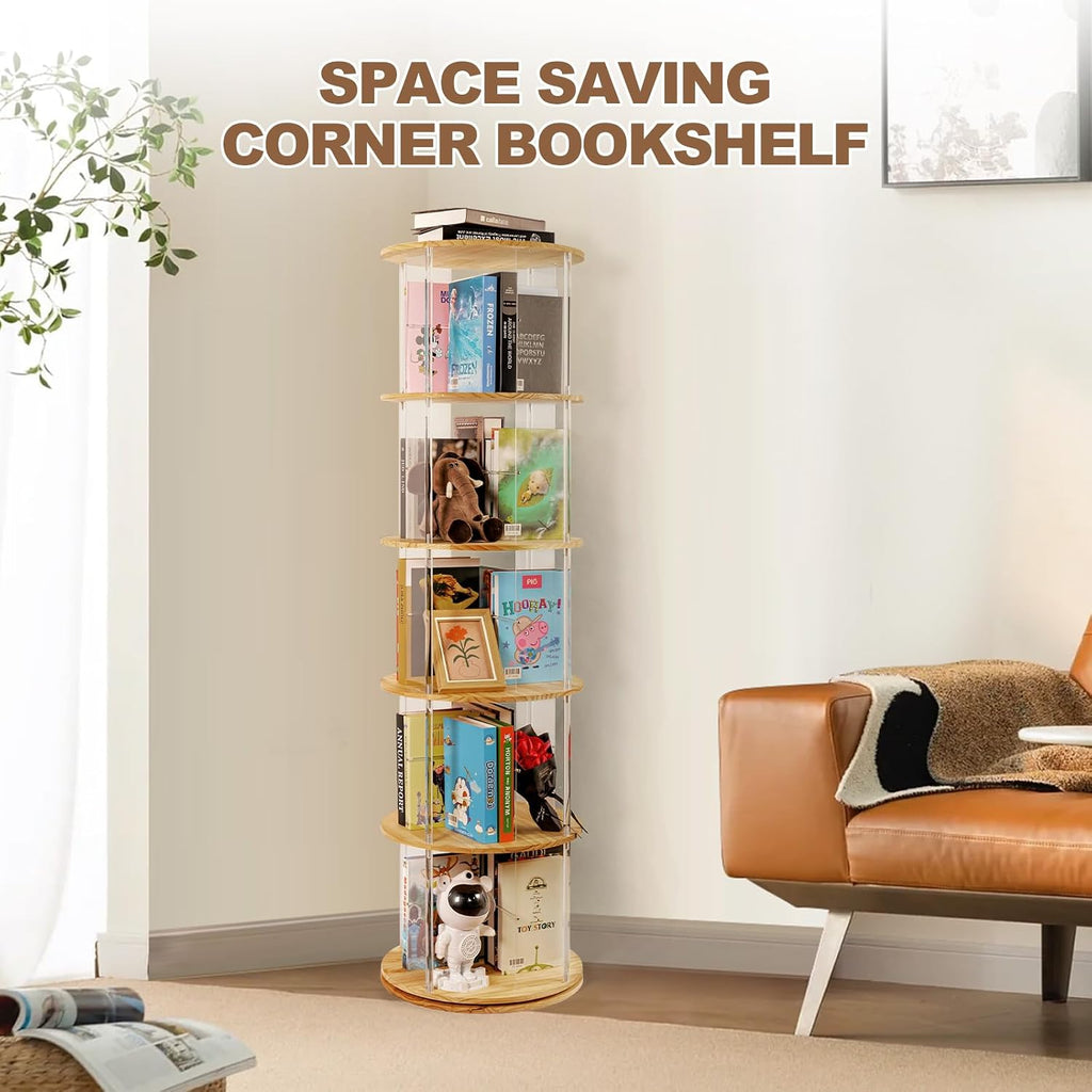 TAKEKIT 360° Rotating Bookshelf, 5-Tier Spinning Book Shelf Tower with Solid Wood & Clear Acrylic, Round Revolving Bookcase for Living Room, Bedroom and Office