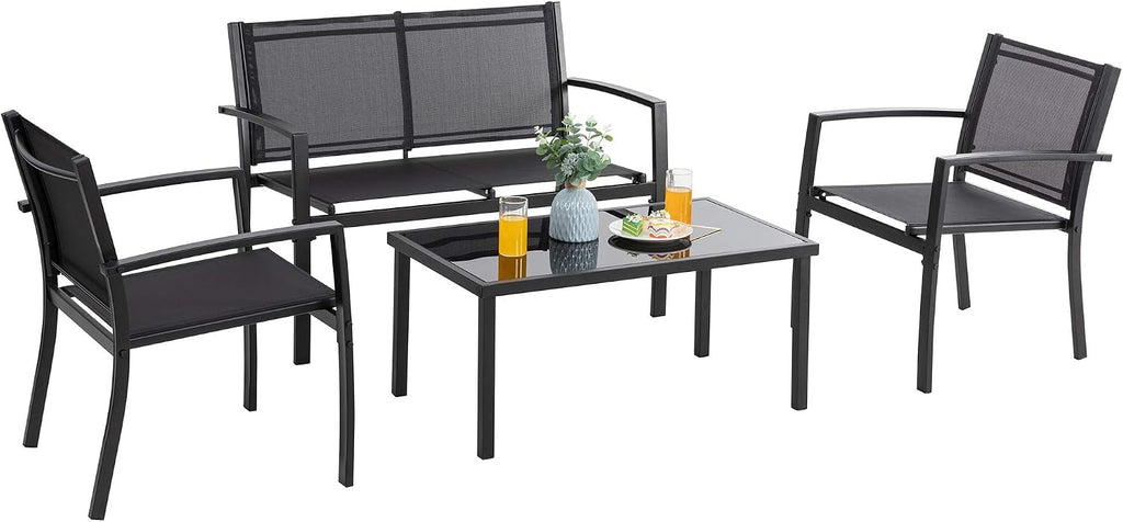 Vongrasig 4 Pieces Patio Furniture Sets,Outdoor Patio Conversation Sets with Glass Coffee Table, Small Porch Balcony Furniture, Patio Table and Chairs Set for Garden, Backyard (Black)
